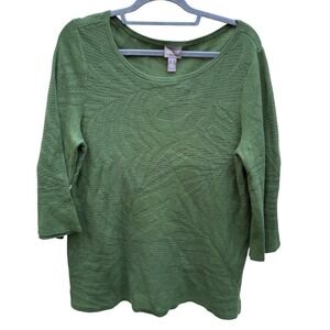 Chico's Womens XL Sweater Olive Green Palm Leaf 3/4 Sleeve Lightweight Floral